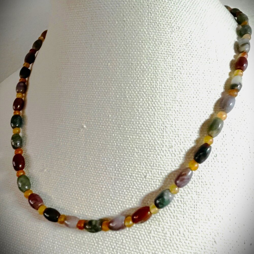 Multicolor Fancy Jasper Necklace, Oval & Round Beads & Brass Lobster Clasp NWT